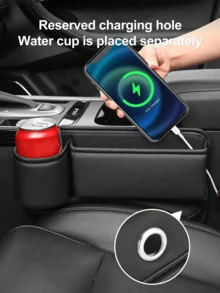 1个可调节汽车座椅缝隙储物盒，带杯架，真皮材质，汽车座椅缝隙填充物，多功能汽车杯架缝隙储物袋