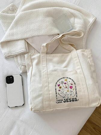 Fashion Semi-Circular Beige Women'S Handbag With Letters, Flowers, Jesus Pattern And Pockets, Simple Pattern Christian Print Shoulder Bag, Simple Shopping Bag, Beige Casual, School Bag, Large Capacity, Portable, Suitable For Outdoor Activities Or Shopping, Work, Back To School, Middle School, High School, College, Vacation, Christmas Gift Bag