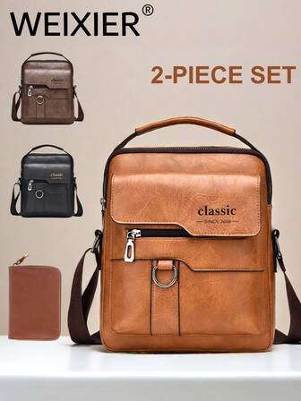 WEIXIER 2 件/套 复古斜挎包，带钱包的 PU 皮革单肩包，大容量，耳机孔，休闲简约风格，适合通勤、商务、旅行、送给朋友和家人的礼物 夏季 夏季包 春假 情人节 度假 男士包 礼品包 斜挎包 复古包 学校用品 斜挎包