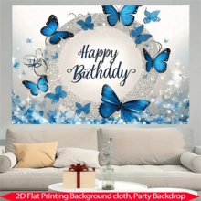 1pc Birthday Background Banner, Background Design With Blue Butterfly And "Happy Birthday" Text, Polyester Fabric Suitable For Parties, Courtyards, Home Decoration, Birthday Parties And Photography Background Decoration