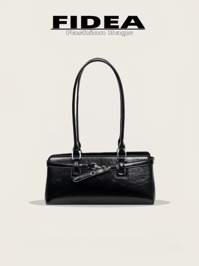 Fashionable New Women's One Shoulder Underarm Baguette Bag, Minimalist Vintage Solid Color Lacquered Leather Strap Decor, High-Quality Versatile Bag Suitable For Travel, Shopping, Dating, And Other Occasions