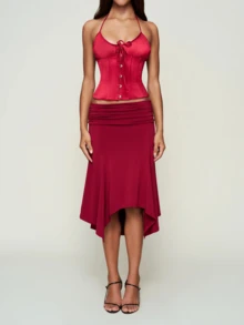 Women Y2K Satin Halter Lace Up Corset Top Tie Front Button Cropped Sleeveless Going Out Party Club Top - Đỏ - Xem 3
