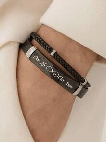 1pc Customized Men's Engraved Bracelet, Personalized Stainless Steel Silicone Wristband With Adjustable Strap, Father's Day Gift