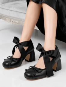 Elegant Cute Womens Ballet High Heels Round Toe Bow Decors Lace Up Block Heel Ballerina Dancing Shoes Party Dressy Occasions Heeled Shoes - 黑色 - 查看 9