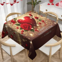 1/20 szt. Obrus walentynkowy, czerwone serce z różowo-złotym wzorem kwiatowym, tkanina poliestrowa, romantyczna dekoracja świąteczna, nadaje się do kuchni, na imprezę ogrodową, do dekoracji domu - Wielokolorowe - Zobacz 12