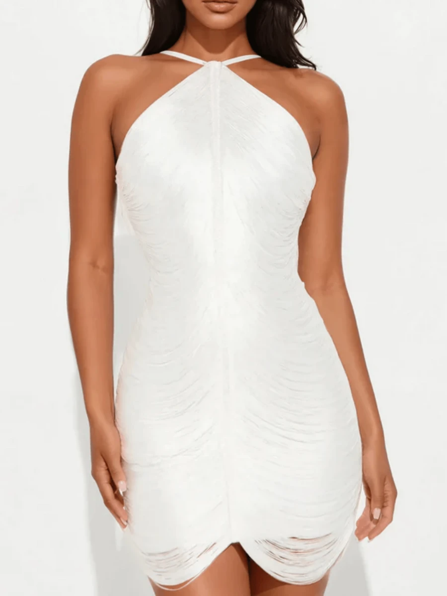 Sparkly Y2K Halter Ruched Backless Deep V-Neck Bodycon Mini Dress For Women, Off Shoulder Vacation Club Date Night Party Beach Dress - White - View 1