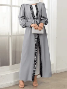 Women Caftan Gowns Fashion Zebra Print Long Lantern Sleeve Cardigan Loose Arab Robe With Belt, Elegant Dresses For Women Spring - Grey - View 4