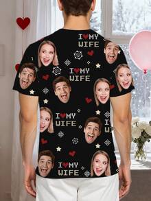 Personalized Valentine's Day Men's Funny T-Shirt, Customized Couple Short Sleeve T-Shirt - Funny Face Design, "I Love My Wife", Unique Gift For Boyfriend, Girlfriend, Father, Mother, Friends, Best Choice For Customized Winter Valentine's Day - Multicolor - View 3