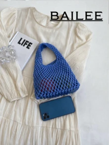 BAILEE 一套涤纶钩编网眼底多色纯色针织手提包，绗缝轻便便携大容量可爱时尚沙滩包，夏季沙滩必备，沙滩配件，沙滩装备和夏季必备单品，最新度假包，钩编，卡哇伊 - 藍色 - 查看 3