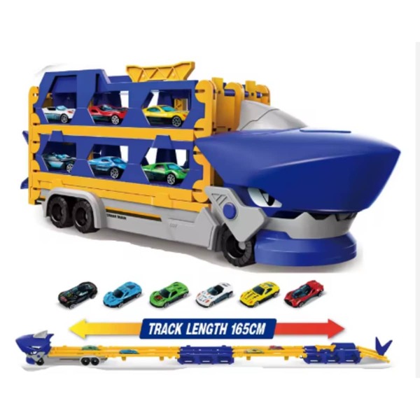 Pista Com 6 Carrinhos Caminhão Tubarao Maleta Dinossauro Azul