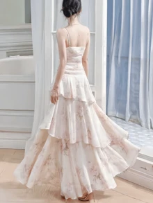 Spring Summer Elegant Floral Party Evening Dresses Women Chic Ruffle Chiffon Fairy Dress Valentine's Day Pink Clothes 2026 New Spaghetti Strap Sleeveless Beach Outfit Pink Clothes Mujers Robe - Pink - View 6