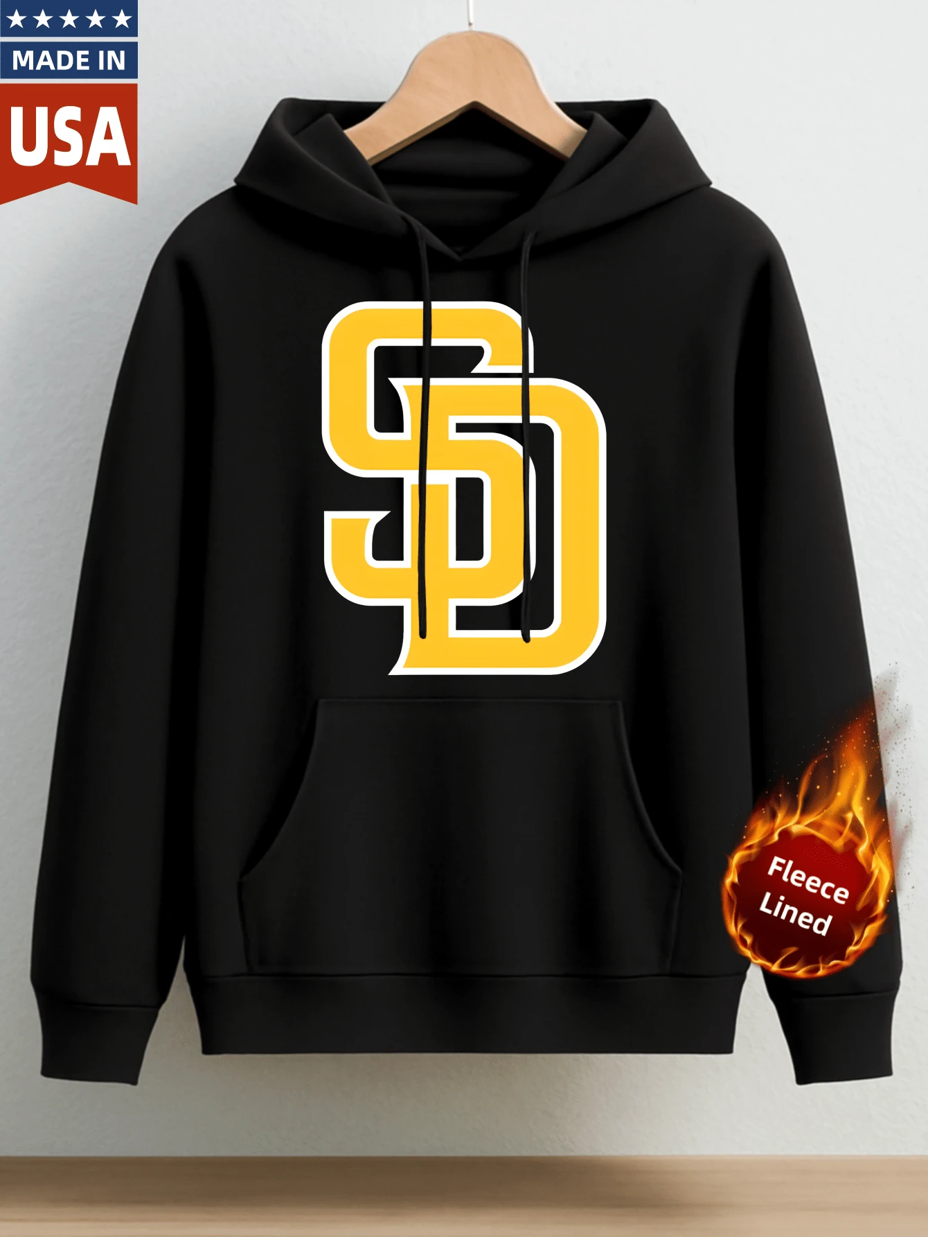 Cotton Hoodie For Men Plus Size Warm Sweatshirt With Drawstring Hood And Front Pocket Autumn Winter Casual Wear - San Diego Padres Logo Printed Design In Bold Yellow And White Color Scheme On Black Base - Soft 300G Cotton Fleece Material Ideal For Daily Wear Sports Activities Outdoor Use And Comfortable Layering During Cold Seasons Suitable For Both Men And Women - 黑色 - 查看 1