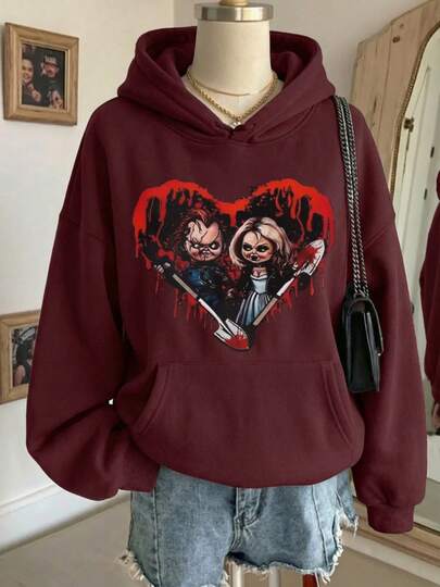 Sudadera informal con capucha para mujer, manga larga regular, cordón ajustable y estampado gráfico DE PAREJA HALLOWEEN