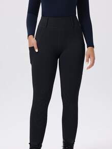 1pc Women's High Waist Tight Slimming Equestrian Pants With Pockets, Skinny Yoga Riding Pants, Women's Sports Equestrian Outfit, High Waist Lifting Fitted Riding Pants, Silicone Grip Equestrian Pants, Full Seat Silicone Quick-Dry Riding Pants, Anti-Slip Durable, High Elasticity Breathable, Suitable For Horseback Riding, Exercise, Cycling, Equestrian, Outdoor Sports, Archery, Professional Competition, Sports, Training - Black - View 5