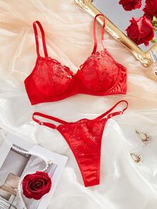 Fashionable And Charming French Design, Red Sexy Rose Bra, Bra Set, Youthful Temptation Revealing Intimate Apparel With Alluring Semi-Sheer Design, Suitable For Romantic Getaways And Fantasy Nights - Red - View 2