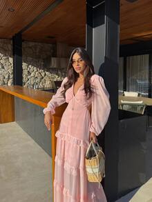 Long Chiffon Dress With Long Sleeves And Back Cutout - Wedding, Christmas, Bridesmaid, Party, Comfortable, Beach, Summer - New Year's Eve, Christmas, Layered - 淺粉色 - 查看 3