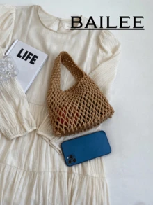 BAILEE 一套涤纶钩编网眼底多色纯色针织手提包，绗缝轻便便携大容量可爱时尚沙滩包，完美搭配度假装扮，女士热门沙滩包，沙滩必备，夏季必备，最新款度假包，沙滩包，卡哇伊 - 卡其色 - 查看 3