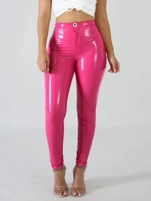 Women's Metallic Zipper Elastic Fabric High Waist Skinny Pants, PU Leather Slim Fit Y2K Style Casual Nightclub Party , Spring/Autumn - Hot Pink - View 1