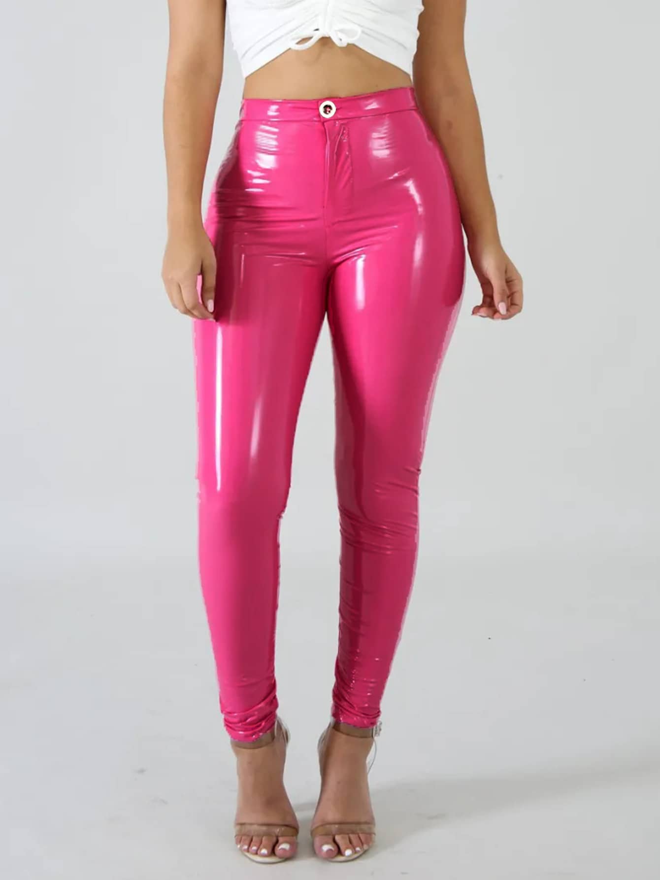 Women's Metallic Zipper Elastic Fabric High Waist Skinny Pants, PU Leather Slim Fit Y2K Style Casual Nightclub Party , Spring/Autumn - Hot Pink - View 1