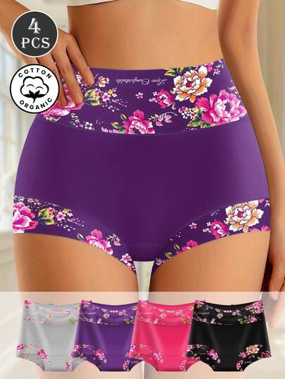 QUASTI 4pcs Women High Waist Cotton Briefs, Tummy Control & Lift, Romantic Floral Print, Comfortable & Breathable, Ideal Gift