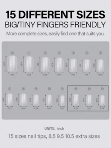 HOTWAY 450片装 - 方形、梯形、椭圆形、杏仁形 - 全磨砂亚克力假指甲片，15种尺寸可选，常用于美甲和DIY美甲产品