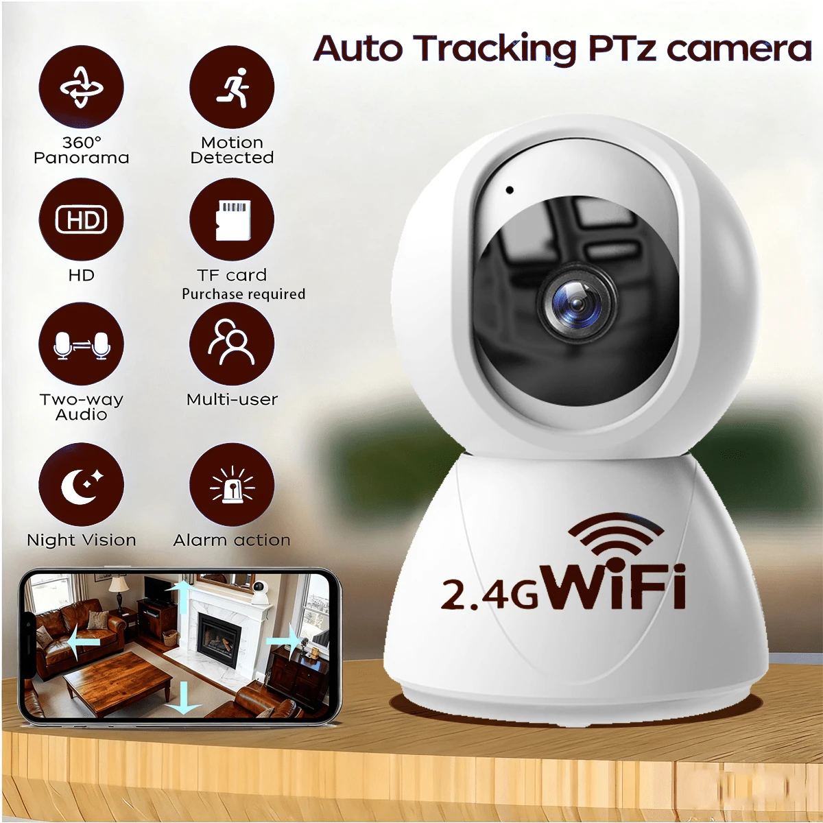 1 camera an ninh thông minh HD 1080P, camera WiFi không dây 2.4G, camera giám sát trẻ em thông minh, tự động theo dõi, kết nối từ xa qua điện thoại di động, âm thanh hai chiều, tầm nhìn ban đêm hồng ngoại, camera an ninh không dây trong nhà dành cho gia đình, trẻ em, người già và thú cưng, hỗ trợ lưu trữ đám mây và thẻ TF (thẻ TF không bao gồm, cần mua riêng), nguồn USB.