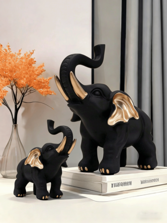 Figura decorativa de elefante de resina en blanco y negro con detalles dorados, estatua ornamental de animal de la suerte para decoración del hogar y regalo