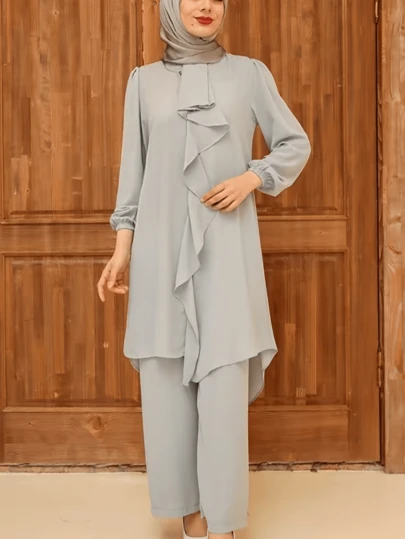 Women's Ruffled Front Placket Solid Color Round Neck Lantern Sleeve Top And Pants Stylish And Elegant Two Pieces Set