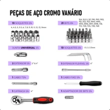 Case Set Ratchet Wrench Set 46 Pieces 1/4'' With Reversible Socket Resistant Stainless Steel - Red - View 5