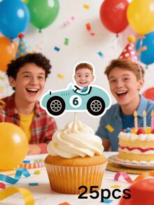 10/25/50/100个个性化赛车照片纸杯蛋糕装饰，人脸纸杯蛋糕装饰，男孩定制赛车纸杯蛋糕装饰，赛车男孩生日派对装饰，趣味装饰