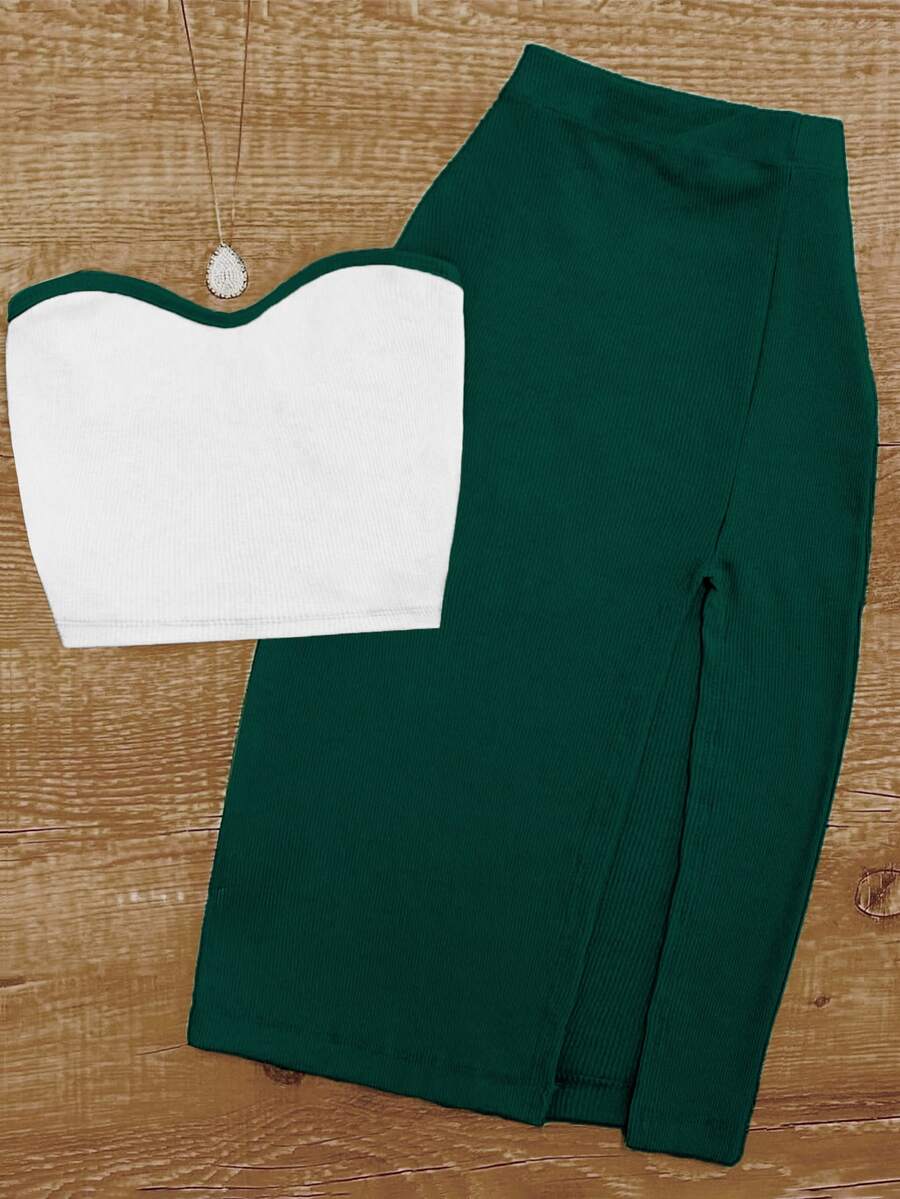 夏季性感修身露肩露肩上衣搭配紧身裙套装，180G针织面料 - 墨綠色 - 查看 1