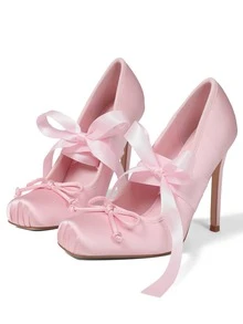 Women's Ballet High Heels Square Toe Mary Janes Lace Up Heels Elegant Ballerina Stiletto Heels Bow Decoration Party Dancing Shoes - 粉色 - 查看 3