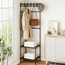 1pc 2-Tier Free Standing Coat Rack, Space-Saving Design With Hooks And Shelves, Easy Assembly, Suitable For Entryway, Bedroom, Closet, Balcony, Sturdy And Durable, Movable, Storage For Clothes, Pants, Blankets, Bags, Hats, Accessories - Multicolor - View 6