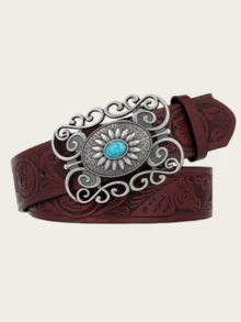 1 Piece, Turquoise-Inlaid Western Belt, Silver-Plated Antique Floral Buckle Leather Belt, Vintage Bohemian-Style Ladies' Belt, Denim Fashion Accessory Suitable For All Seasons. - Multicolor - View 9