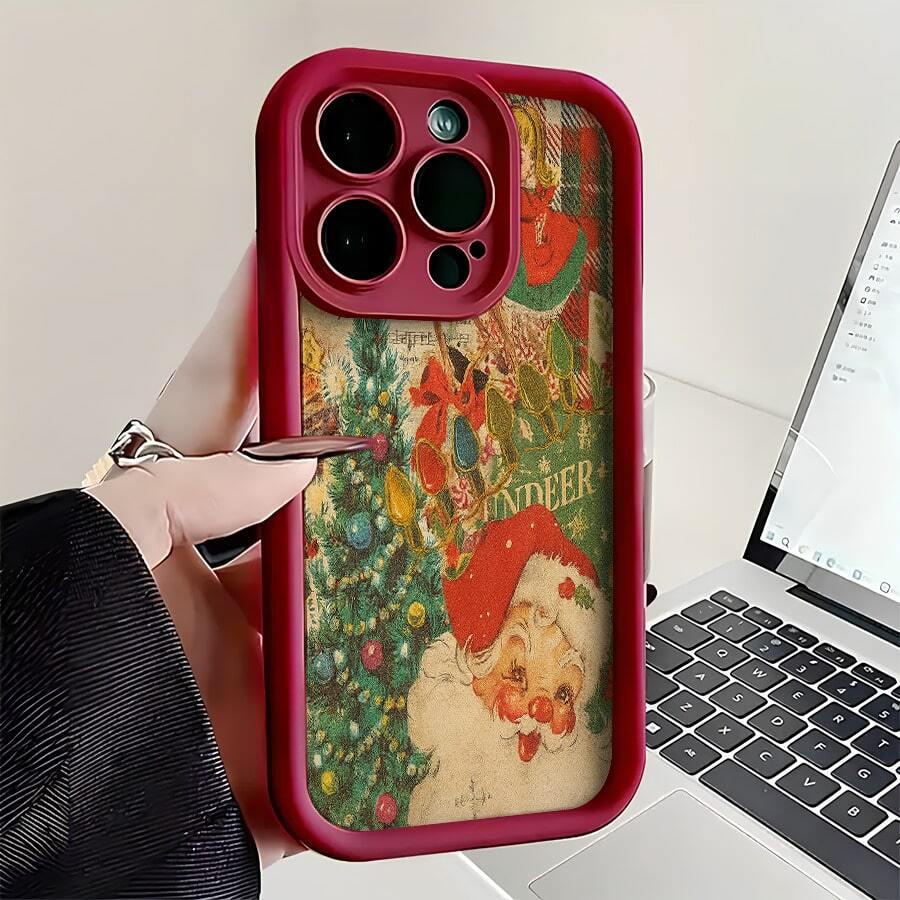 Watercolor Christmas Decorations Patterned Soft Silicone Phone Case For IPhone 17 16 15 14 13 12 11 Pro Max Plus Air X XS, For Samsung S21S22/23/24/25/A13/14/15/17/33/35/54/NOTE20 Christmas And Valentine's Day Gifts, Gifts For Boyfriends And Girlfriends, Family Members - 酒紅色 - 查看 1