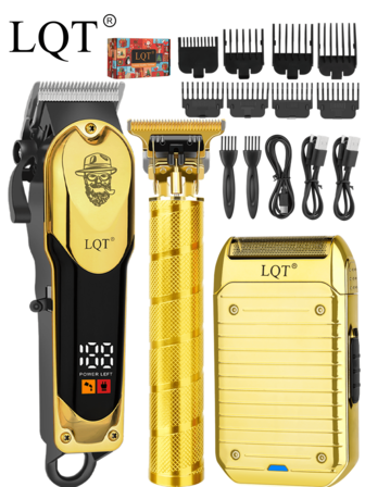  LQT 1件/2件/3件套专业理发器和胡须修剪套装，男士电动理发器、修容器和便携式电动剃须刀，USB充电、无线锂电池和数字显示屏，家用理发用品，圣诞节爸爸礼物，男士礼物