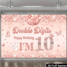 2D Flat Double Digits I'm 10 Backdrop Girls 10th Birthday Banner Girls 10 Year Old Birthday Party D - Rose Red - View 3