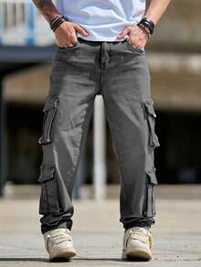 Men's Retro Flared Jeans, Slim Fit Multi-Pocket Rugged Cargo Pants, Fashionable - Grey - View 4