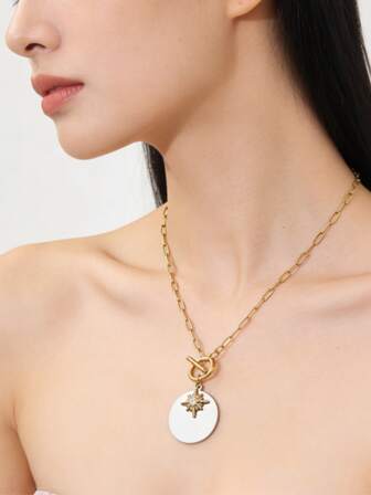 1pc Fashionable Stainless Steel Necklace Pendant With Glass Inlaid Octagram Design And Double-Sided Geometric Disc, Suitable For Women's Daily Commute Or Party Wear