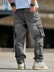 Men's Retro Flared Jeans, Slim Fit Multi-Pocket Rugged Cargo Pants, Fashionable - Grey - View 3