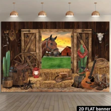 2D平面西部牛仔背景，西部乡村风格，马匹，木谷仓，摄影背景，狂野西部 - 駝色 - 查看 12