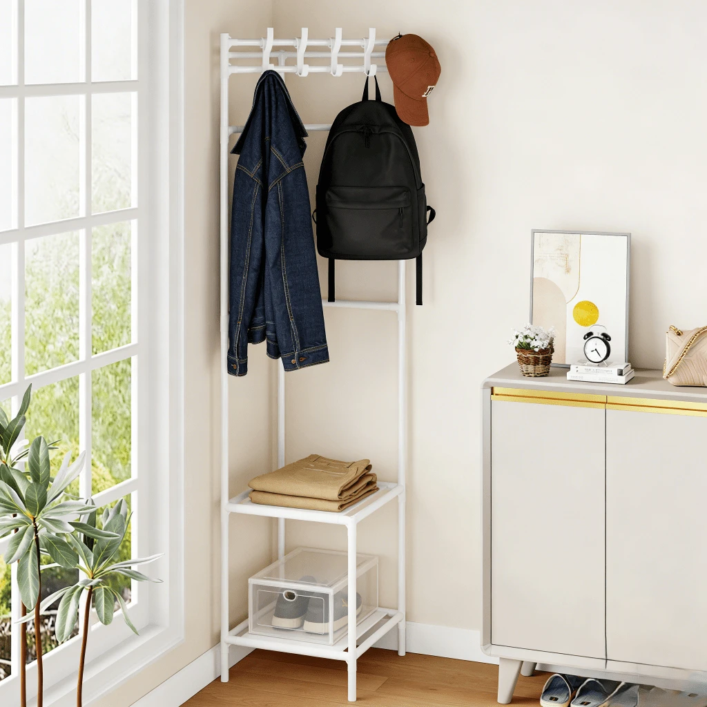 1pc 2-Tier Free Standing Coat Rack, Space-Saving Design With Hooks And Shelves, Easy Assembly, Suitable For Entryway, Bedroom, Closet, Balcony, Sturdy And Durable, Movable, Storage For Clothes, Pants, Blankets, Bags, Hats, Accessories - Multicolor - View 1