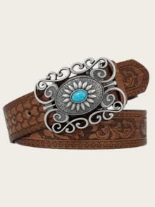 1 Piece, Turquoise-Inlaid Western Belt, Silver-Plated Antique Floral Buckle Leather Belt, Vintage Bohemian-Style Ladies' Belt, Denim Fashion Accessory Suitable For All Seasons. - Multicolor - View 10