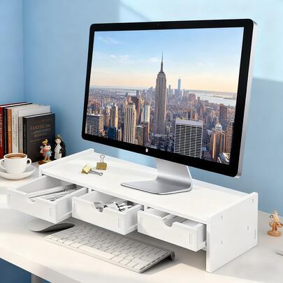 Zweilagiger 3-Schubladen Computer Schreibtisch Erhöhung, ergonomisches Design, Monitorständer, Laptopständer Büro Schreibtisch Zubehör Büro Zubehör Bürobedarf
