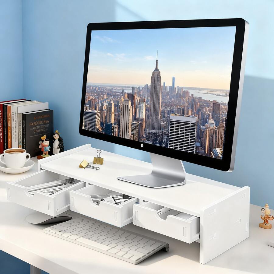 1pc 2-Tier 3-Drawer Ergonomic Desktop Computer Riser, Monitor Stand, Laptop Stand - A - View 1