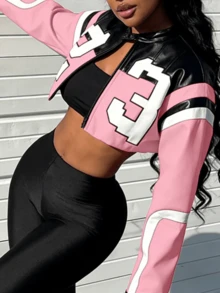 Women's Faux Leather Jacket Zipper Short Red Coat Bomber Leather Jacket Women's Party Tops Casual Outfit For Christmas And New Year - 粉色 - 查看 7