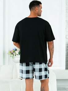 2pcs/Set Plus Size Men's Casual Loose Plaid Short Sleeve T-Shirt And Shorts Pajama Set, Suitable For Spring/Summer - Black - View 2