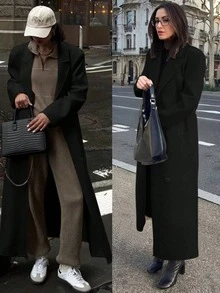 Autumn/Winter New Fashion Women's Loose Fit Elegant Wool-Blend Double-Breasted Windbreaker Coat - Black - View 4