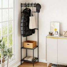 1pc 2-Tier Free Standing Coat Rack, Space-Saving Design With Hooks And Shelves, Easy Assembly, Suitable For Entryway, Bedroom, Closet, Balcony, Sturdy And Durable, Movable, Storage For Clothes, Pants, Blankets, Bags, Hats, Accessories - Multicolor - View 4