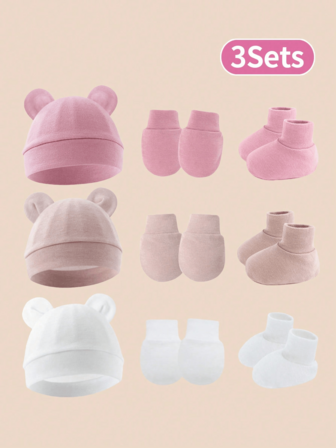3 Sets Conjunto de Artículos Esenciales para Recién Nacidos (0-3 Meses) - Gorros con orejas de oso + Manoplas anti-arañazos + Botitas, Conjunto de gorro/manoplas/botitas unisex suave y elástico en blanco/rosa/caqui para uso diario